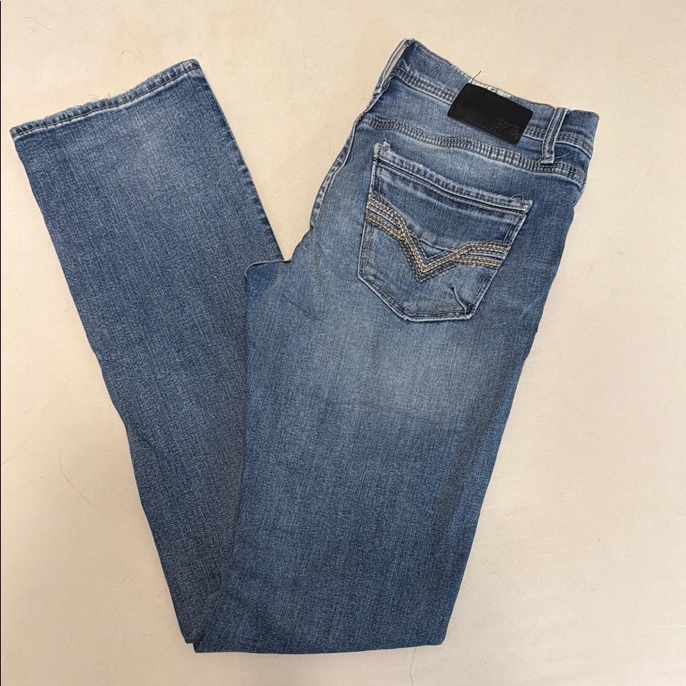 Buckle Medium Blue Straight Jeans with Decorative Stitching